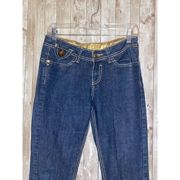 Women's House of Deréon Beyoncé Denim Blue Jeans Size 5/6 Gold Thick Stitch - Picture 5 of 13